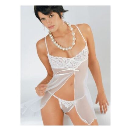 ATRACTIVO BABYDOLL DE MICROTUL CON SUJETADOR DE ENCAJE Y APERTURA DELANTERA BLANCO - 001